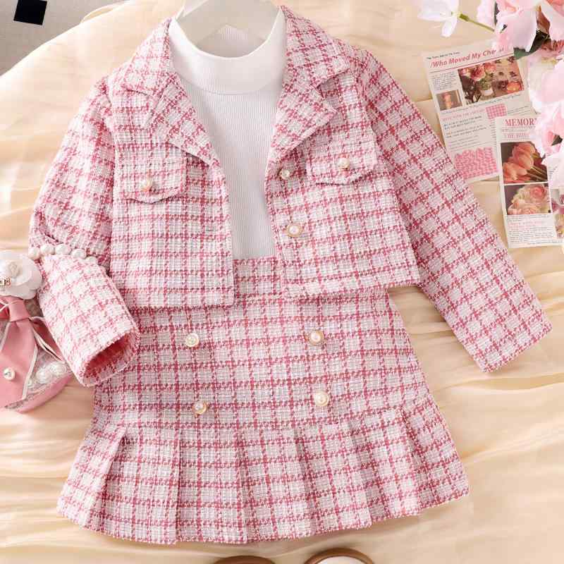 子供服 女の子 キッズ 小香風 セットアップ 長袖 トップス ツイード ジャケット プリーツスカート 無地 綿 ピンク 秋冬 3点セット 普段使い お出かけ着