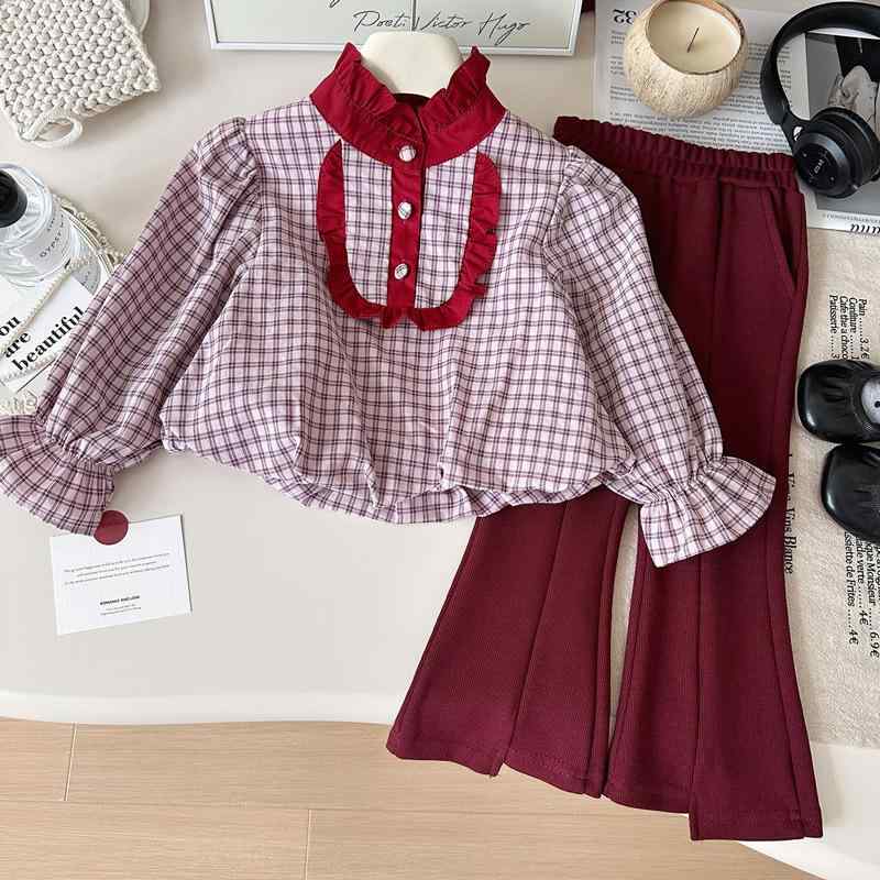 キッズ 女の子 子供服 ベビー セットアップ 春夏 スタンドカラー チェック柄 ブラウス チュニック フレアパンツ ロングパンツ 伸縮性 ストレッチ 綿混 カジュアル 普段使い お出かけ レッド