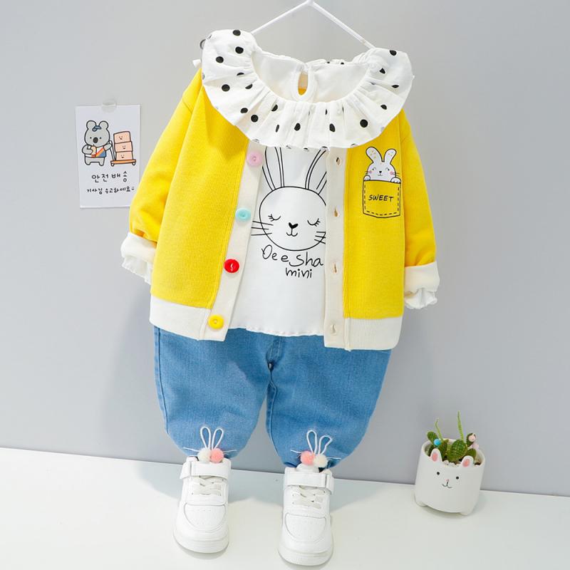 セットアップ 女の子 ベビー キッズ うさぎ柄 カーディガン 長袖 長ズボン 3点セット 韓国ファッション カジュアル かわいい 綿素材 普段使い お出かけ 通園 春夏 マルチカラー