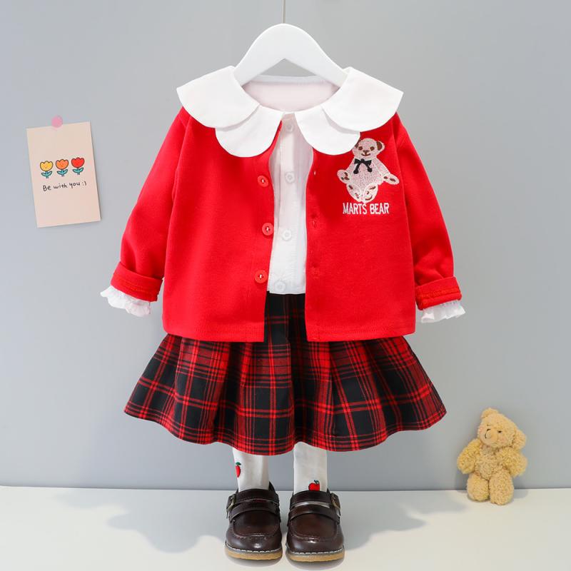 セットアップ ベビー キッズ 女の子 長袖 カーディガン スカート スクール風 プレッピースタイル 3点セット 綿素材 韓国スタイル 春秋 レッド ブラック