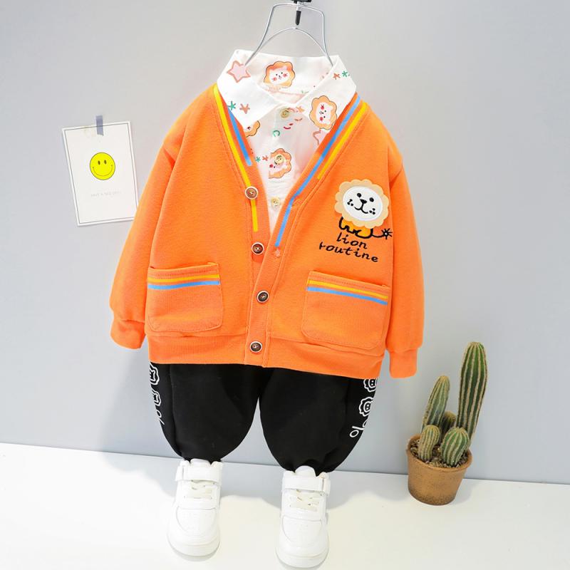 セットアップ 男の子 ベビー 幼児 韓国風 おしゃれ ライオン柄 アニマル キャラクター 3点セット 上下セット 長袖トップス 長ズボン コットン 綿 春秋 かわいい