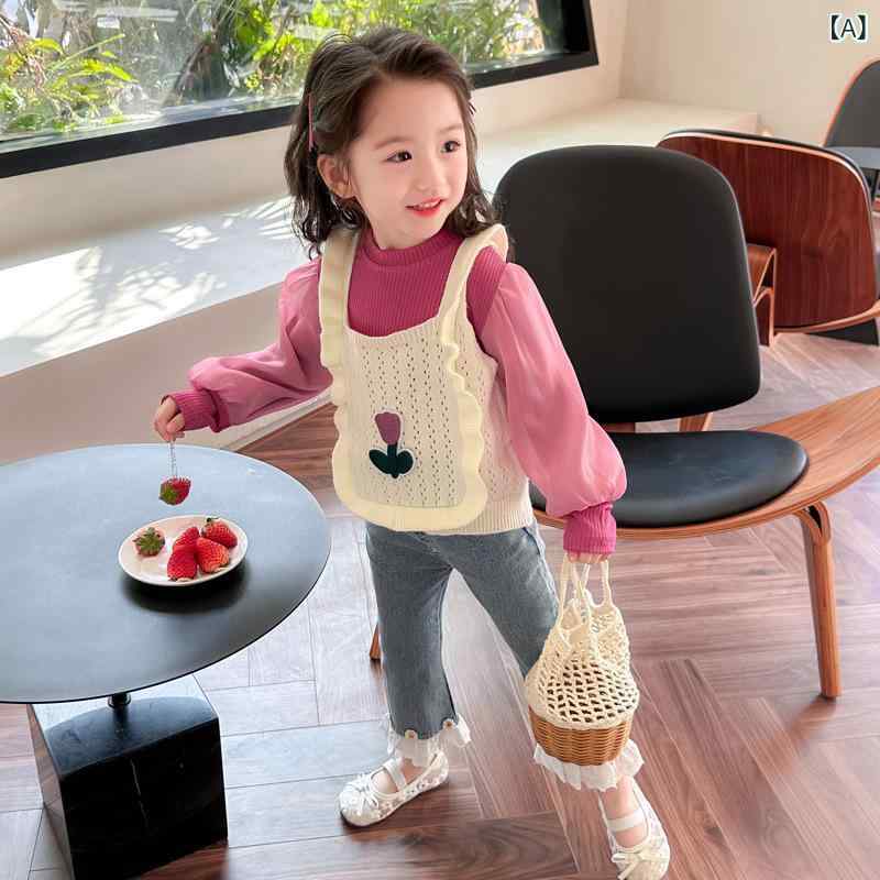 ベビー服 女の子 女児 幼児 1歳 2歳 3歳 ニットベスト 長袖プルオーバー 長ズボン パンツ 3点セット セットアップ 韓国風 かわいい おしゃれ カジュアル 綿 コットン 春秋 アンサンブル 普段着 お出かけ