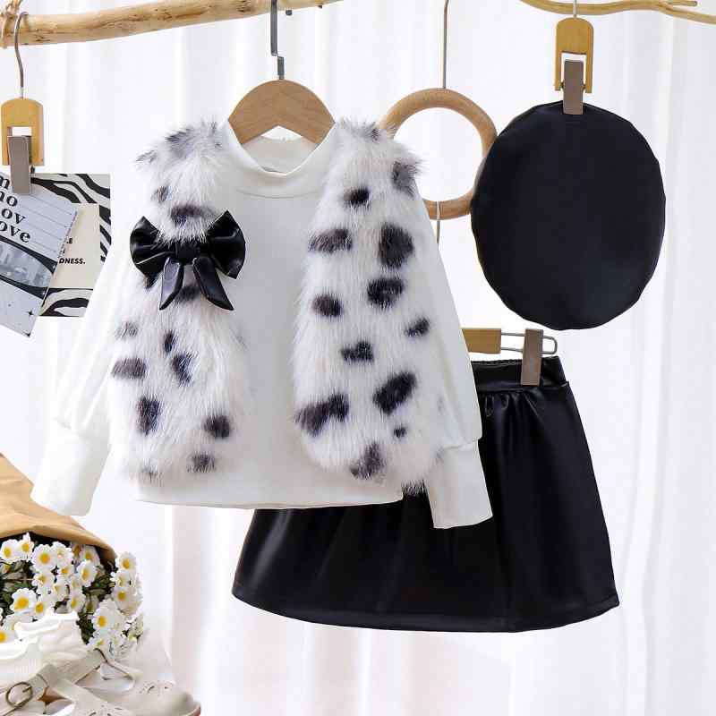 キッズ 女の子 秋冬 ふわふわ もこもこ ボアジャケット アウター 長袖 白 トップス PUレザー スカート セットアップ 上下セット 暖かい 防寒 お出かけ カジュアル 欧米風 コットン混