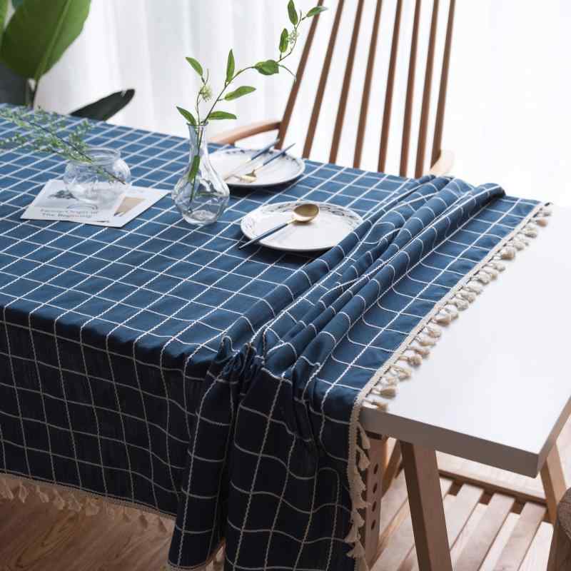テーブルクロス 日式 シンプル 北欧風 モダン 長方形 紺色 チェック柄 立体刺繍 リネン 麻 綿麻混紡 タッセル付き 汚れ防止 滑り止め 食卓カバー ダイニング リビング インテリア