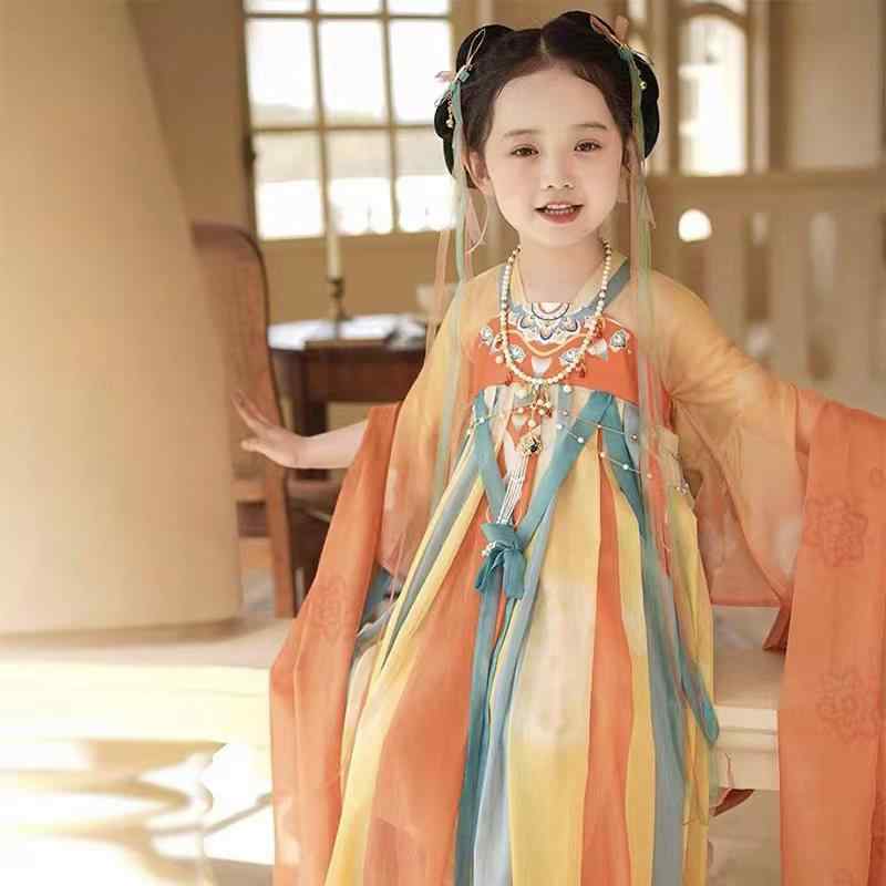 漢服 女の子 ガールズ 子供 キッズ 中国風 中華風 伝統衣装 古典 プリンセス 斉胸襦裙 ポリエステル 再生繊維 柔らか 快適 華やか 優雅 エレガント