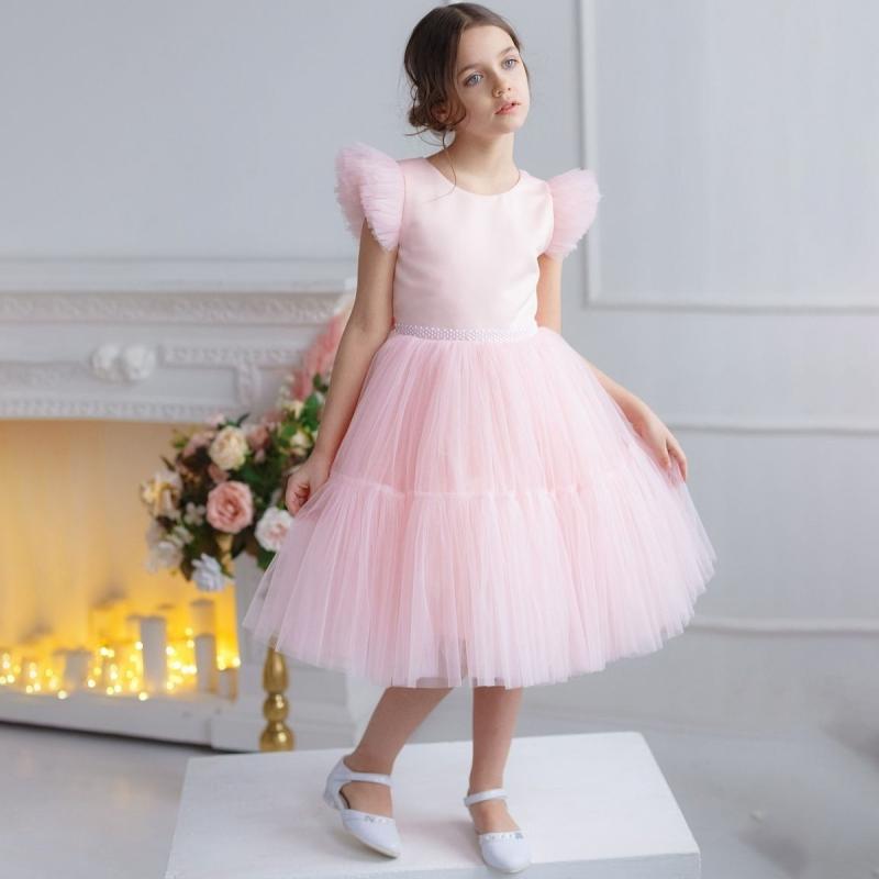 ドレス 女の子 キッズ ピンク チュール シースルー ポリエステル プリンセス リボン 蝶結び かわいい 発表会 結婚式 フォーマル セレモニー パーティー フラワーガール 3歳 8歳