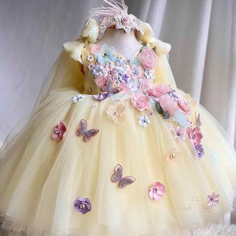 ドレス 女の子 ベビー プリンセス 刺繍 花柄 リボン バックオープン チュール ボリューム 1歳誕生日 バースデー フォーマル お呼ばれ フラワーガール ライトイエロー ポリエステル 6,405円