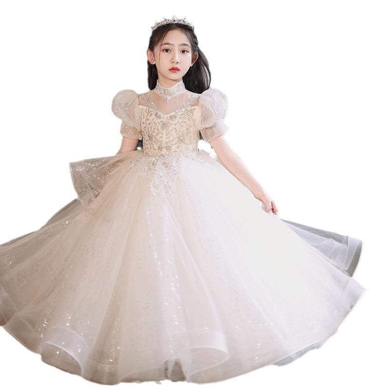 ドレス 女の子 キッズ 誕生日 結婚式 プリンセスドレス フラワーガール 発表会 エレガント 上品 ロング丈 フォーマル 舞台 演奏会 シャンパンカラー ベージュ ポリエステル かわいい