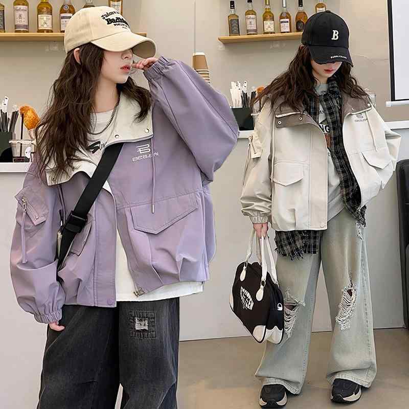 ジャケット 女の子 キッズ ジュニア 春秋 アウター ブルゾン ウィンドブレーカー フード付き ショート丈 ポリエステル 無地 韓国風 おしゃれ カジュアル 通学 パープル ベージュ