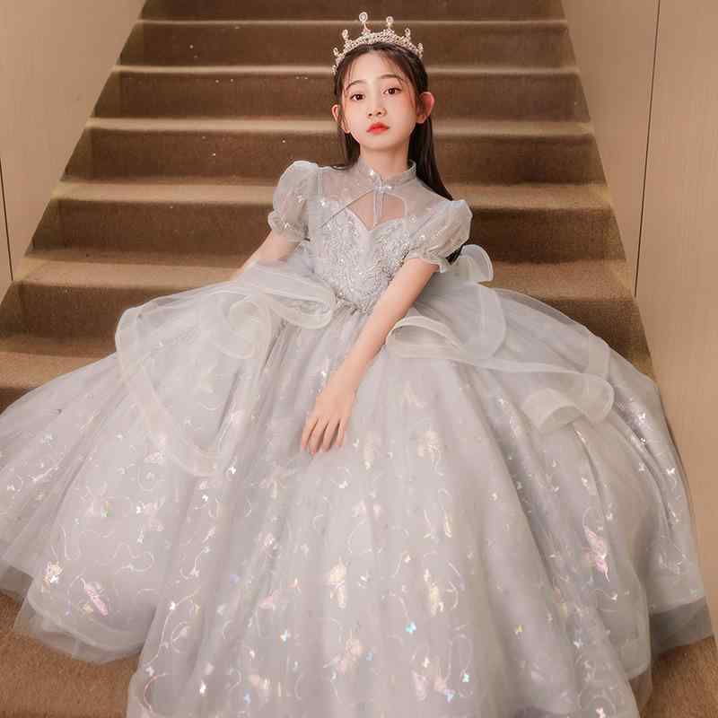 ドレス 女の子 ピアノ発表会 演奏会 司会 フォーマル 結婚式 パーティー 舞台衣装 ロング丈 プリンセスライン 高級感 かわいい エレガント グレー ポリエステル プリーツ