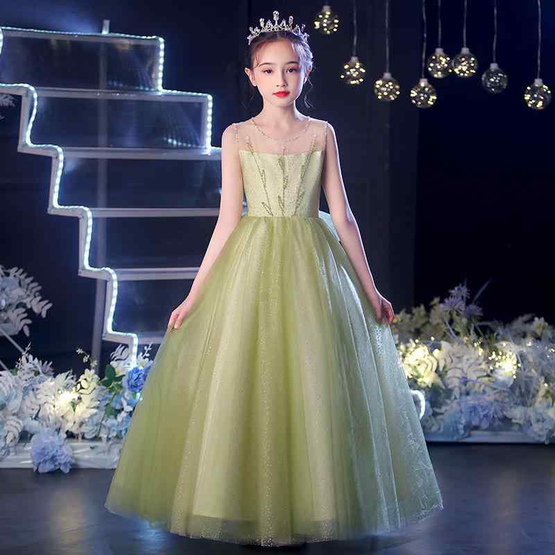 キッズドレス 女の子 プリンセス フォーマル グリーン 発表会 演奏会 誕生日 結婚式 フラワーガール 舞台 ステージ 司会者 エレガント かわいい ロング丈 ポリエステル素材 プリーツ 化学繊維混紡