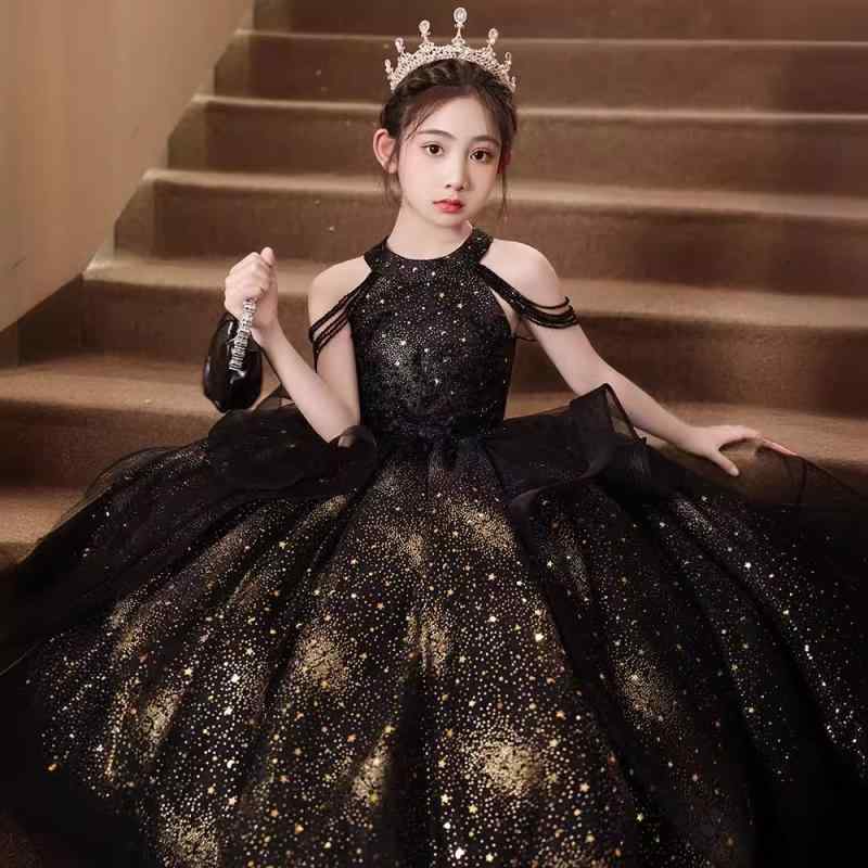 ドレス キッズ 女の子 プリンセスライン ロング丈 ブラック ピアノ発表会 演奏会 舞台 ファッションショー 司会 パーティー セレモニー 結婚式 フォーマル 高級感 個性的 上品