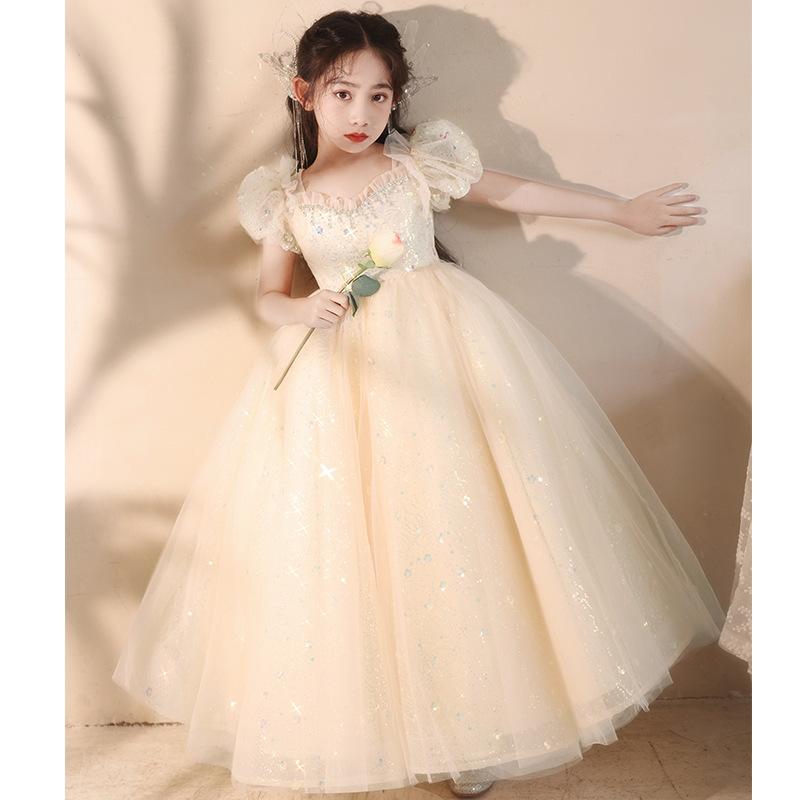 ドレス 女の子 キッズ 子供 フォーマル 誕生日 発表会 ピアノ演奏会 フラワーガール プリンセス お姫様 高級感 上品 エレガント ロング丈 ポリエステル シャンパンカラー