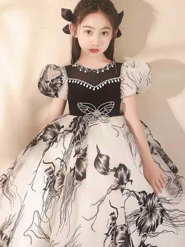 ドレス 女の子 子供 ピアノ発表会 演奏会 コンクール 結婚式 フォーマル ロング丈 水墨画 チャイナ風 プリンセスライン ステージ衣装 ポリエステル ブラック 黒 酵素洗