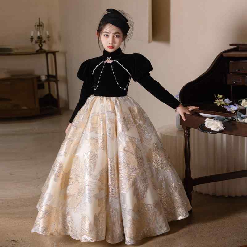 ドレス 女の子 ピアノ発表会 誕生日 結婚式 セレモニー フォーマル プリンセスライン ロング丈 高級感 エレガント 個性的 華やか ステージ衣装 ブラック ポリエステル