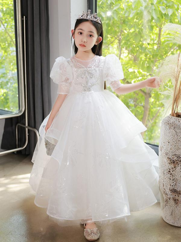 ドレス キッズ 女の子 フラワーガール リングガール 発表会 ピアノ演奏会 コンクール 司会 誕生日 上品 エレガント 高級感 ロング丈 プリンセスドレス チュール ホワイト Aライン ポリエステル