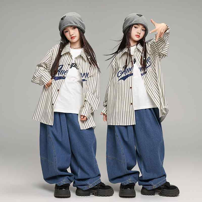 シャツ キッズ 男の子 女の子 ストリートダンス ヒップホップ ダンス衣装 発表会 ステージ衣装 トレンド ゆったり ルーズフィット ストライプ ボーダー トップス ポリエステル 秋