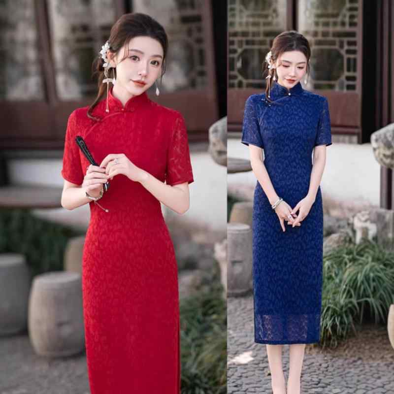 チャイナドレス レディース 春夏 レッド ブルー 婚約式 披露宴 礼服 パーティー ジャガード織り ロング丈 半袖 スタンドカラー スリムフィット ポリエステル 伸縮性 レトロ デイリーユース ワンピース