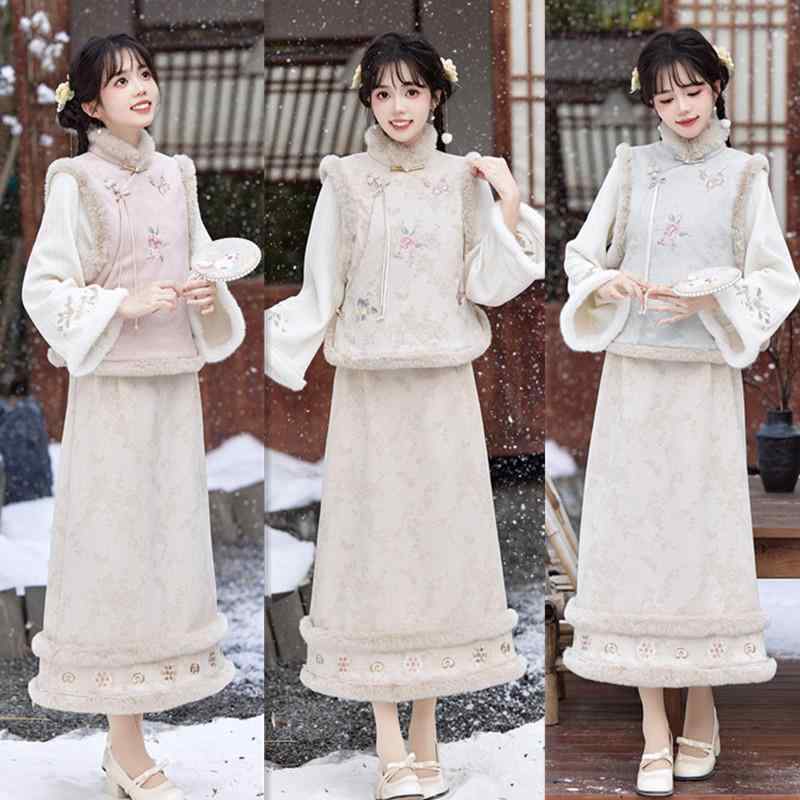 ワンピース レディース 少女 秋冬 レトロ 学院風 チャイナドレス風 ジレベスト 刺繍 フェイクスウェード スタンドカラー ノースリーブ ショート丈 フレッシュ スタイリッシュ ポリエステル スパンデックス ストレッチ 普段使い カジュアル