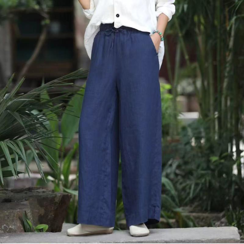 ワイドパンツ レディース ストレート リネン ロング ゆったり レトロ 無地 ゴムウエスト 薄手 夏 カジュアル 普段使い ウォッシュド ノンストレッチ｜way-ugo