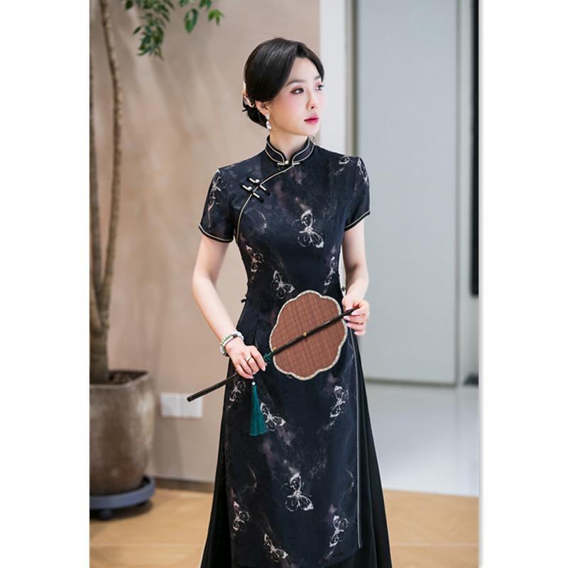チャイナドレス ミセス 女性用 アオザイ風 オールド上海 レトロ 民族風 ジャガード織り ポリエステル素材 ロング丈 スタンドカラー 斜め合わせ スリット入り 伸縮性 ストレッチ 普段着 日常使い 春夏