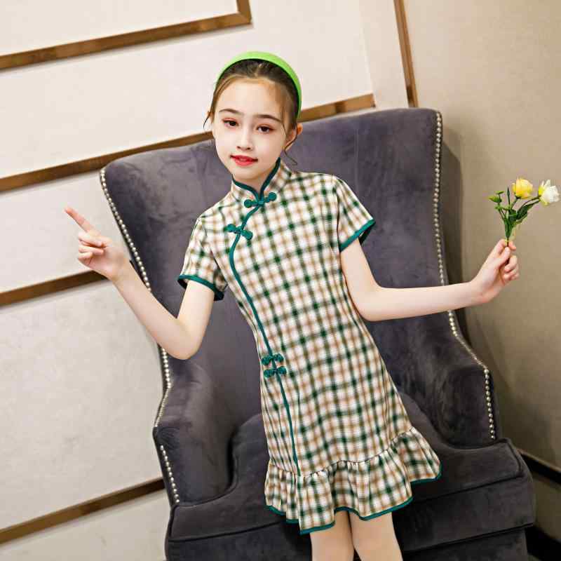 チャイナドレス 女の子 キッズ 改良 中国風 ワンピース チェック柄 チャイナボタン 半袖 スタンドカラー ポリエステル ミディ丈 グリーン おしゃれ