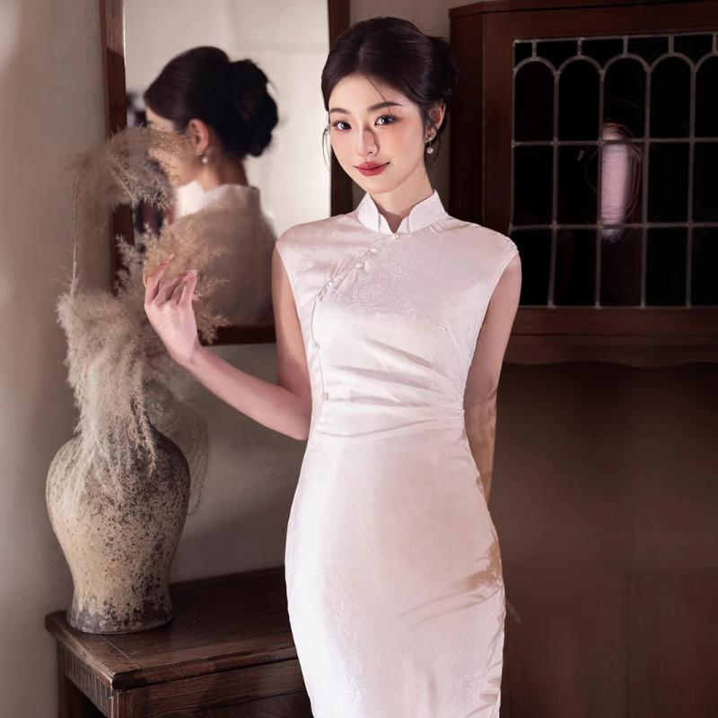 瀬戸ものお召しもの レディース 新中華風 レトロ ジャかばい立て織り ロングお召しもの 白いこと 婚礼の儀 交歓会 お呼ばれ 寄り合い 二次会 婚礼の儀 御前上等感 窈窕たる 普段使い走り 伸縮性 春夏 レディースファッション-ドレス