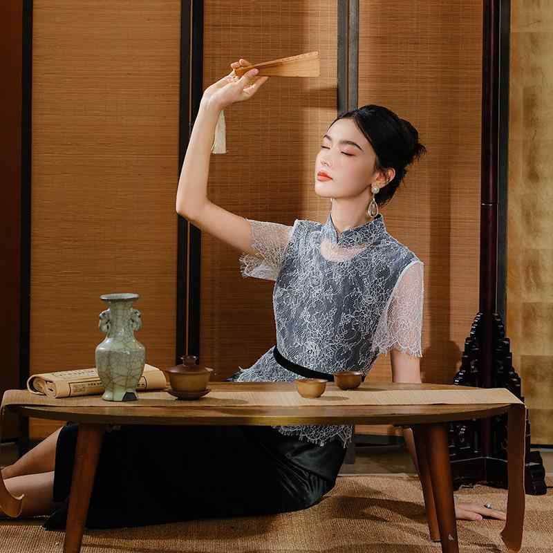 チャイナドレス レディース 女性用 黒 ブラック アセテート アセテート繊維 ロング丈 スタンドカラー 五分袖 レトロモダン 改良型 モダン中華風 上品 通勤 伸縮性 サイドスリット レース 立体裁断 秋冬