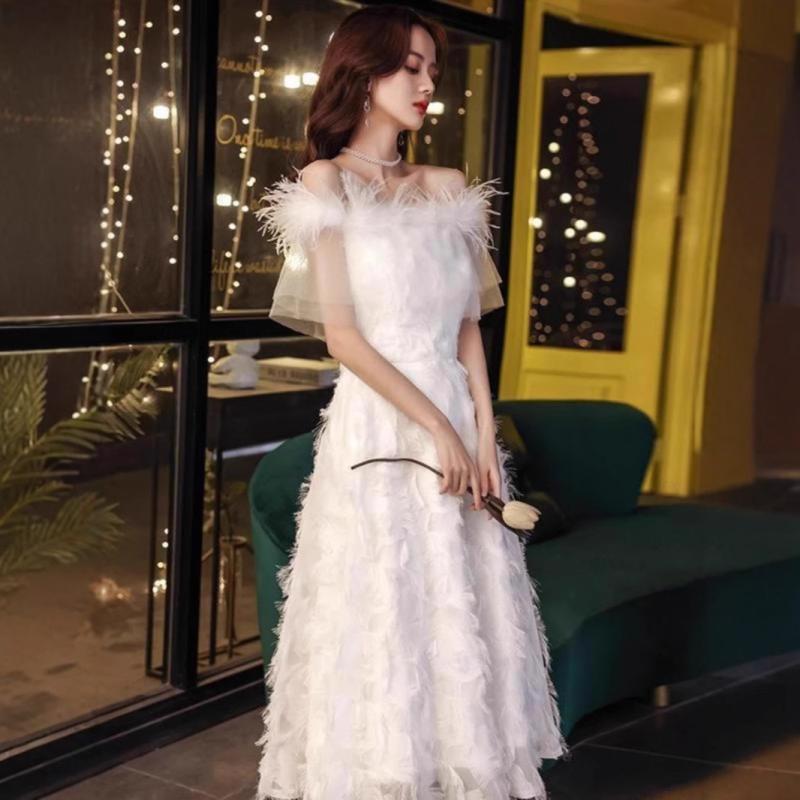 ドレス レディース オフショルダー 白 半袖 フェザー イブニングドレス パーティードレス ロング丈 ハイウエスト 結婚式 二次会 発表会 お呼ばれ フォーマル 体型カバー 着痩せ エレガント 上品 フレンチスタイル 普段使い デイリーユース