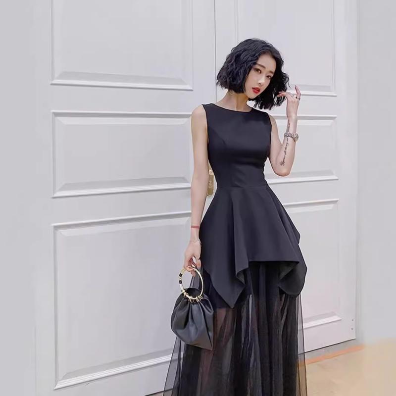 ドレス レディース ブラック イブニング フォーマル ロング丈 パーティー 春夏 Uネック ノースリーブ 結婚式 二次会 お呼ばれ 誕生日 高級感 エレガント