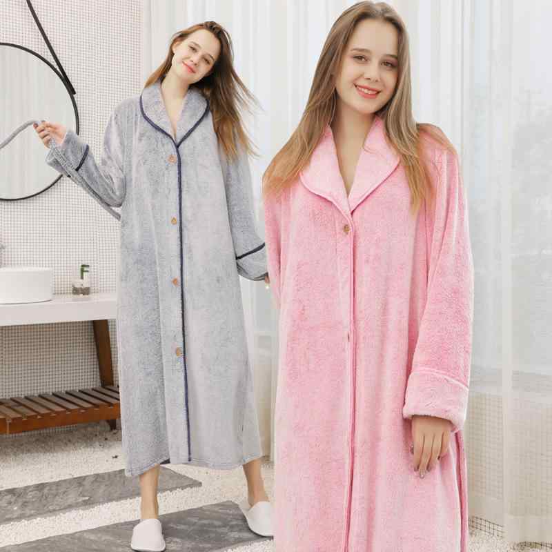 ルームウェア レディース メンズ カップル 厚手 フランネル ポリエステル 長袖 ロング丈 前開き ボタン パジャマ バスローブ ゆったり 大きいサイズ 部屋着 保温 授乳用 秋冬