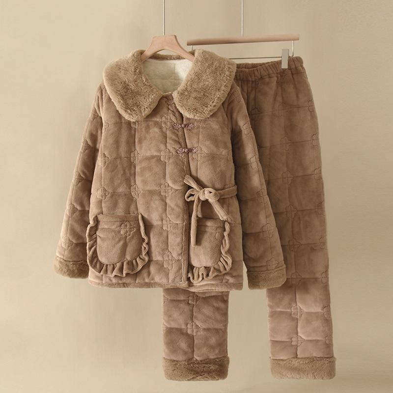 パジャマ レディース 女性用 フランネル サンゴフリース 中綿入り3層 上下セット ルームウェア 厚手 保温 あったか 秋冬 部屋着 普段使い 長袖 長ズボン ポリエステル 襟付き