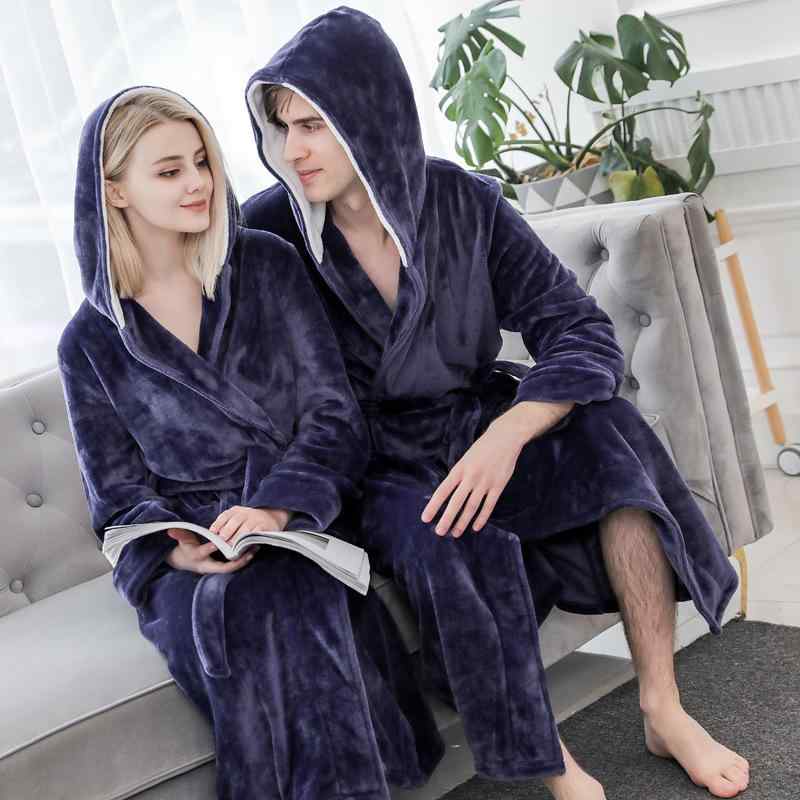 バスローブ メンズ レディース カップル 男女兼用 秋冬 フランネル 厚手 ロング丈 フード付き 保温 あったか ゆったり 大きいサイズ ナイトガウン ルームウェア 部屋着 ポリエステル フレンチスタイル