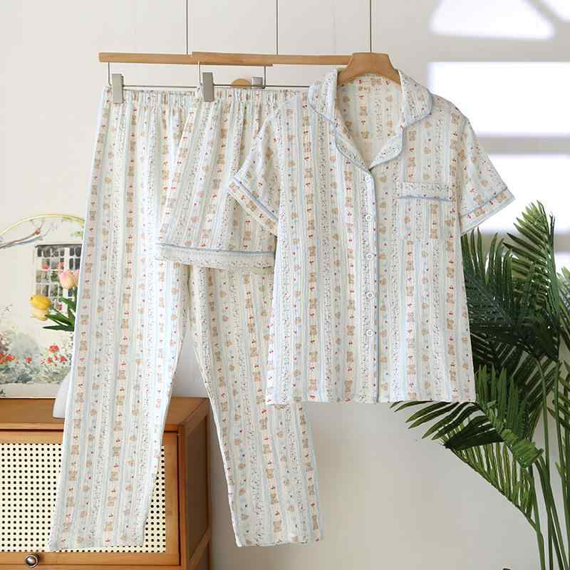 パジャマ レディース 春夏 薄手 綿 ガーゼ 半袖 トップス ショートパンツ 長ズボン 3点セット ルームウェア 部屋着 襟付き コットン Wガーゼ 快適 リラックス ゆったり 通気性 おうち時間 ホワイト ストライプ 4,538円