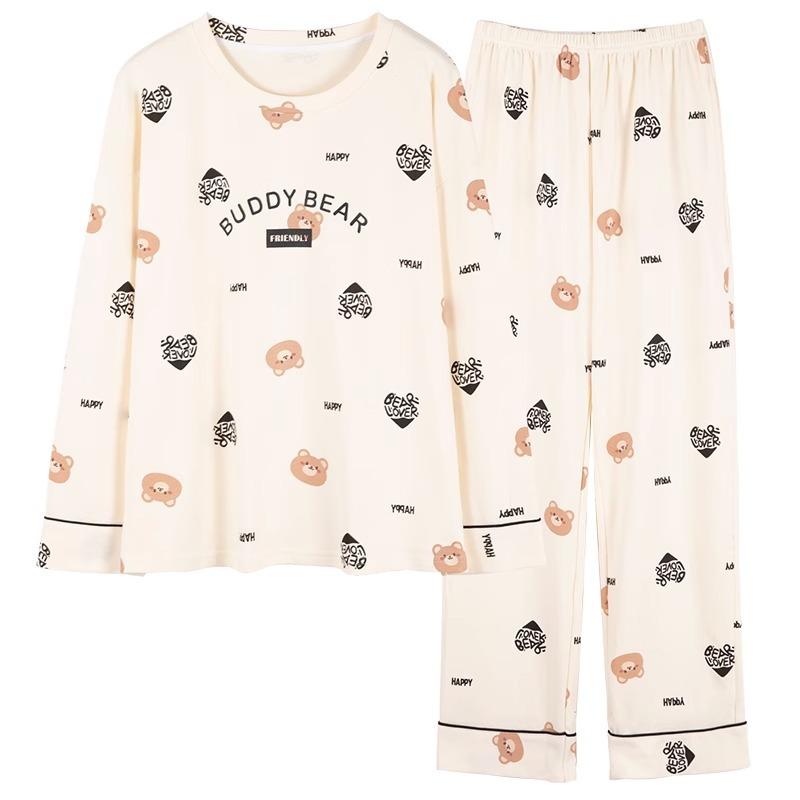 パジャマ ルームウェア レディース 女性用 カップ付き 綿100% コットン 長袖 ロングパンツ ラウンドネック ゆったり リラックス 伸縮性 通気性 接触冷感 快適 部屋着 普段使い 外出着 セットアップ 上下セット 春秋