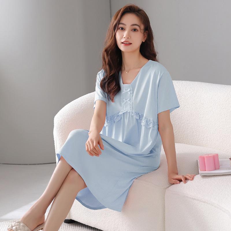 ワンピース レディース 女性用 春夏 モダール 半袖 Vネック ミモレ丈 ミディ丈 薄手 ゆったり リラックス 伸縮性 通気性 接触冷感 快適 カジュアル フェミニン かわいい ワンマイルウェア ルームウェア パジャマ