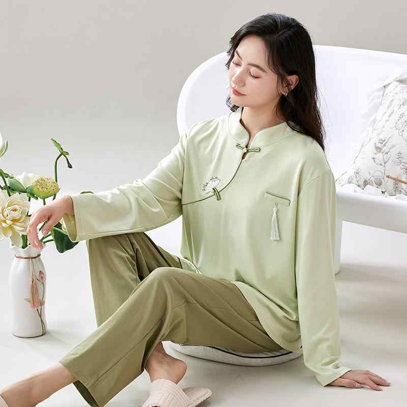 パジャマ レディース 女性用 春秋 綿100% コットン チャイナ風デザイン ゆったり 大きいサイズ ビッグサイズ 長袖 プルオーバー ラウンドネック ロングパンツ 上下セット ルームウェア 部屋着 外出着 ワンマイルウェア 通気性 快適 リラックス