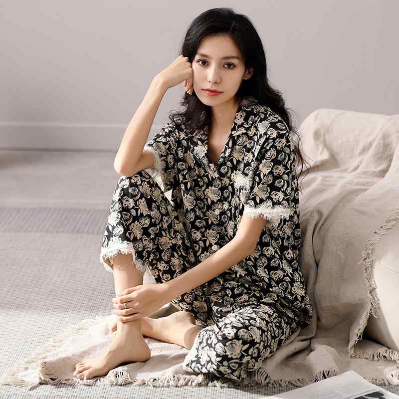 パジャマ レディース 夏 コットン 綿100% 半袖 ロングパンツ 上下セット セットアップ 韓国風 大きいサイズ ゆったり 薄手 外出可能 ワンマイルウェア 部屋着 ルームウェア 高級感 通気性 伸縮性 快適 涼感 リラックス