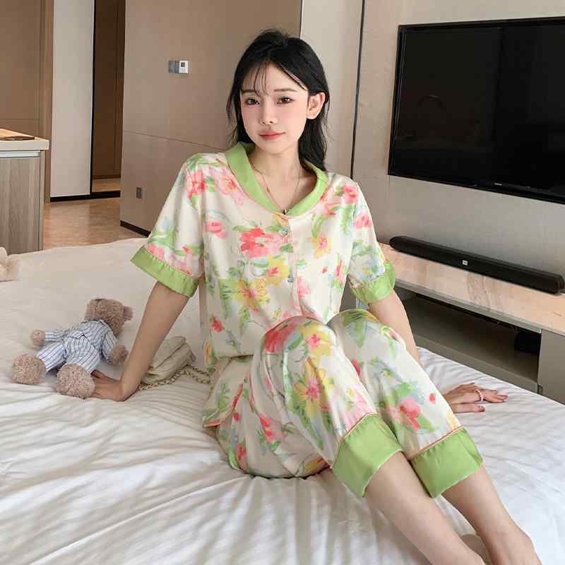 パジャマ レディース 春夏 上品 高級感 スウィート かわいい フェミニン 接触冷感 薄手 ポリエステル 通気性 快適 涼しい ルームウェア セットアップ 上下セット 襟付き 半袖 長ズボン 部屋着 ホームウェア