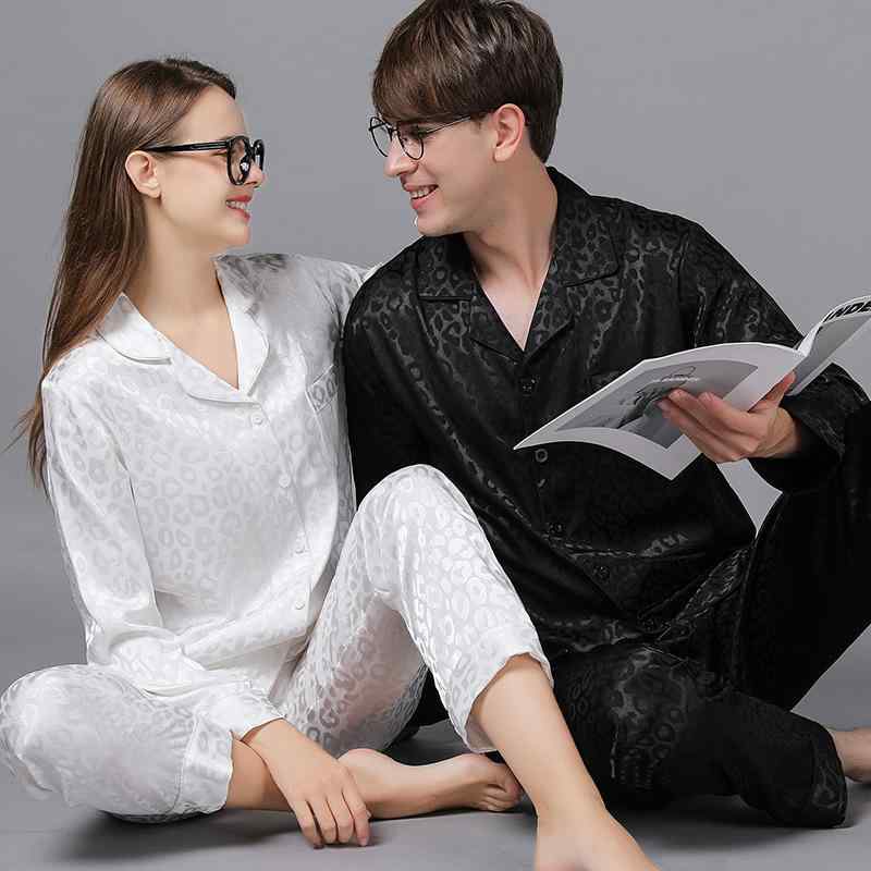 パジャマ カップル ペア 男女兼用 秋冬 ポリエステル 接触冷感 薄手 長袖 Vネック ヒョウ柄 ジャガード織り モノトーン ルームウェア 上下セット 高級感 部屋着