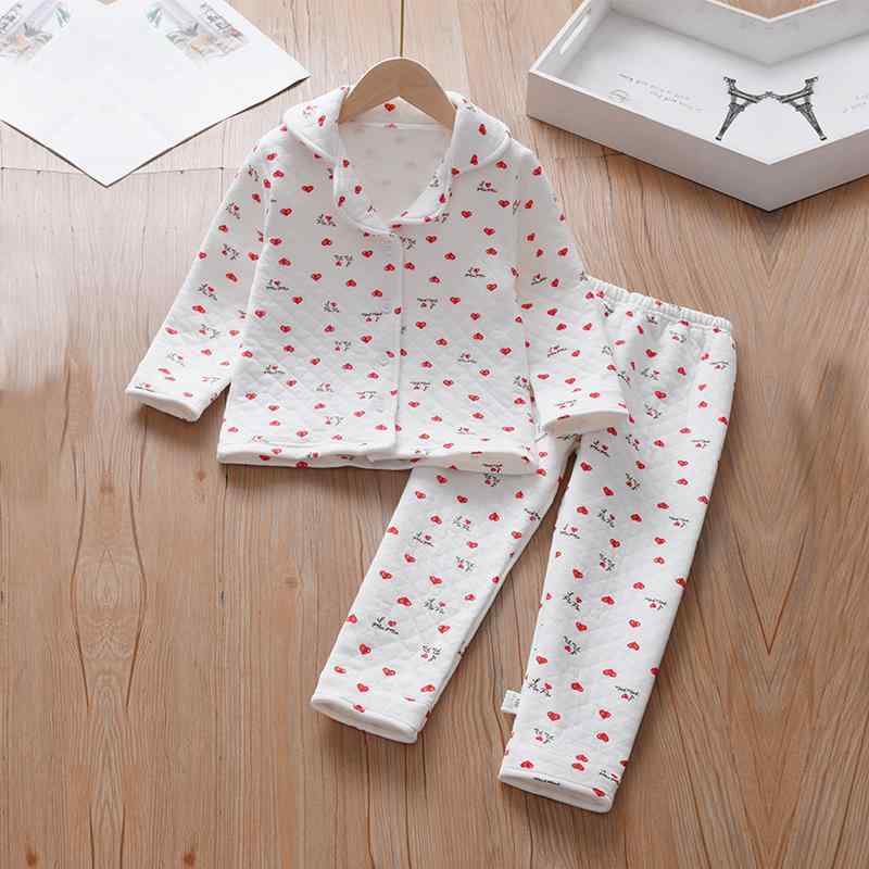 ルームウェア キッズ 女の子 子供 ジュニア 秋冬用 純綿100% コットン 長袖 上下セット 厚手 暖かい 保温 かわいい ハート柄 パジャマ 部屋着 寝巻き カジュアル ホワイト 白