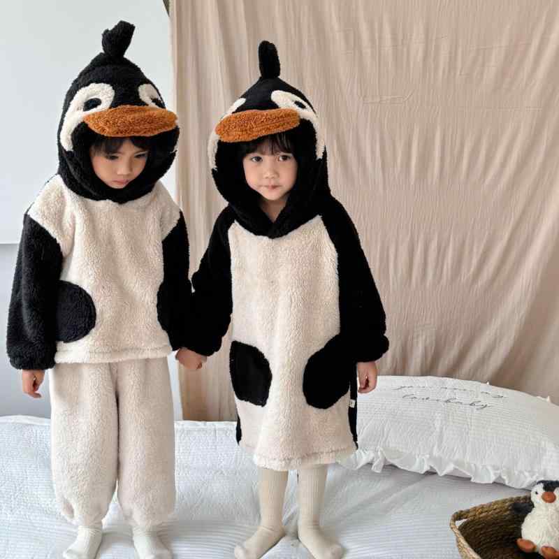 キッズ ルームウェア 女の子 ベビー 秋冬 ペンギン柄 モコモコ フランネル 上下セット パジャマ ワンピース 厚手 ポリエステル 保温 あったか かわいい 韓国風