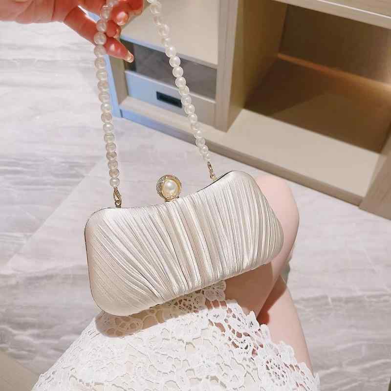 バッグ レディース 女性用 パーティー クラッチバッグ ハンドバッグ ショルダーバッグ チェーン パール ギャザー プリーツ ポリエステル マグネット開閉 フォーマル 結婚式 披露宴 二次会 アプリコット ブラック 黒 ベージュ系
