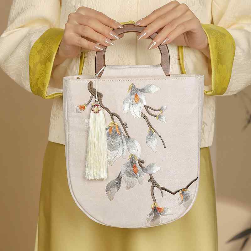 ハンドバッグ 中国風 豪華刺繍 蘭の枝模様 チャイナドレス 宴会 漢服 バケットバッグ チェーン ロック金具 ポリエステル 普段使い デイリーユース 楕円形