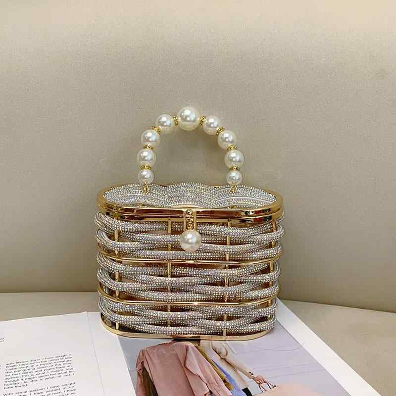 ハンドバッグ レディース パーティー 結婚式 二次会 お呼ばれ バケツ型 バスケット風 ケージデザイン 2way クラッチ ショルダー パール メタル ラインストーン ビジュー装飾 エレガント フェミニン PVC 秋冬 シルバー ピンク ブルー