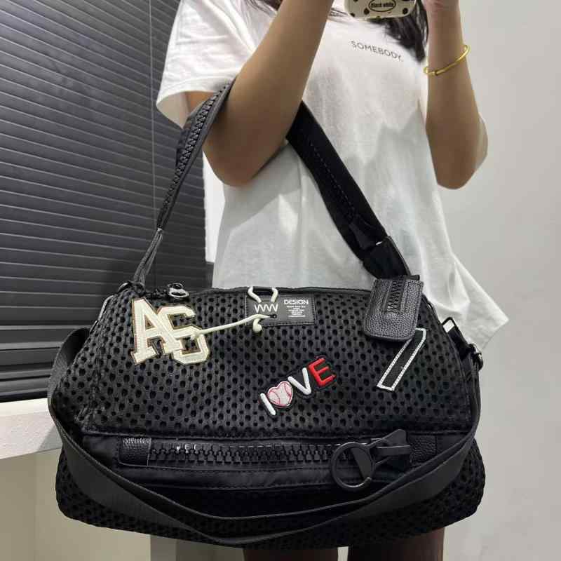 トートバッグ レディース ナイロン 鞄 女性用 レトロ ヴィンテージ パッチワーク 切り替え メッシュ 大容量 ソフト カジュアル デイリーユース 旅行 トラベル 通勤 通学 普段使い ファスナー付き ブラック 春夏