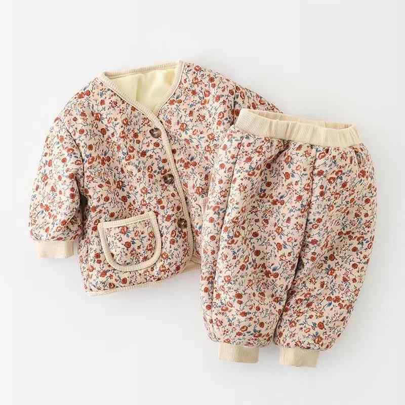 ベビー服 新生児 男の子 女の子 韓国風 裏起毛 ライトコットン ふわふわ 上下セット 冬用 長袖 長ズボン レトロ花柄 ヒョウ柄 おしゃれ 普段使い