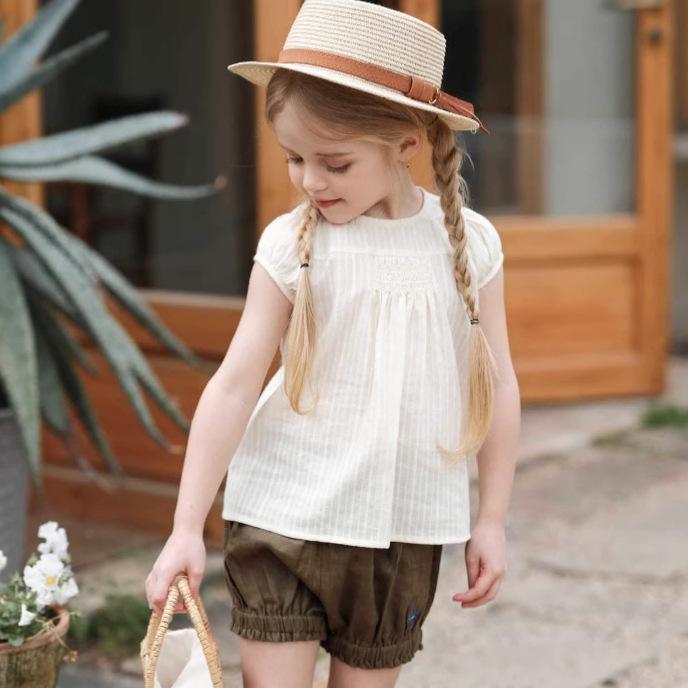 セットアップ 女の子 ベビー キッズ 春夏 フレンチガーリー パフスリーブ 半袖 トップス 花苞 フレア ショートパンツ コットン 綿 薄手 涼しい オフホワイト グリーン ナチュラル 普段着 お出かけ
