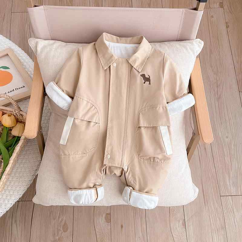 ベビー服 男の子 赤ちゃん 新生児 0歳 1歳 ロンパース カバーオール 春秋 ワークスタイル カジュアル おしゃれ 綿素材 長袖 前開き ロング丈 外出着 普段使い カーキ オールインワン
