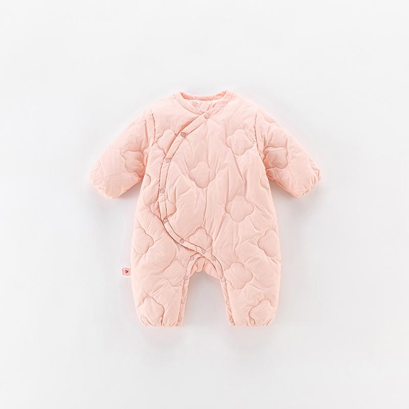 ベビー服 新生児 ベビー 男女兼用 ダウン カバーオール ロンパース 秋冬 かわいい 軽量 白ダックダウン 室内 ルームウェア お出かけ 外出着 厚手 防寒 ポリエステル ピンク ブルー ベージュ